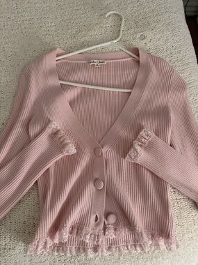 For love and lemons Pink Lace-Trim Ribbed V-Neck Cardigan